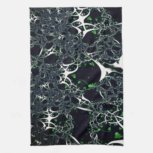Unperfektes weißes Fraktal auf schwarzem Raum, ges Geschirrtuch (Vertikal)