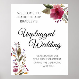 Unplugged Wedding Burgundy Floral Wedding Sign Poster