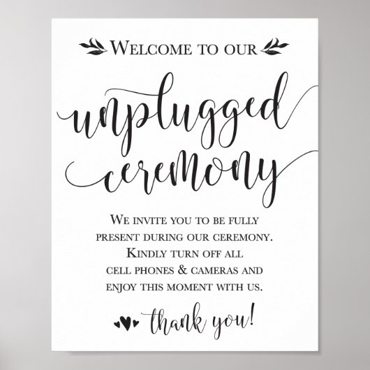 Unplugged Wedding Ceremony Sign 8x10 Poster (Vorne)