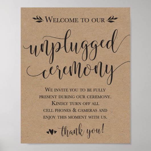 Unplugged Wedding Ceremony Sign 8x10 Poster (Vorne)