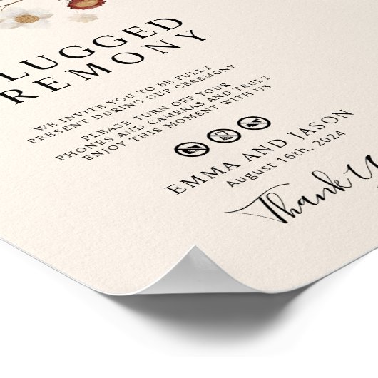 Unplugged Wedding Ceremony Sign Boho Wildblume Poster (Ecke)