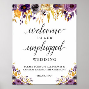 Unplugged Wedding Zeremony Sign Lila Gold Floral Poster