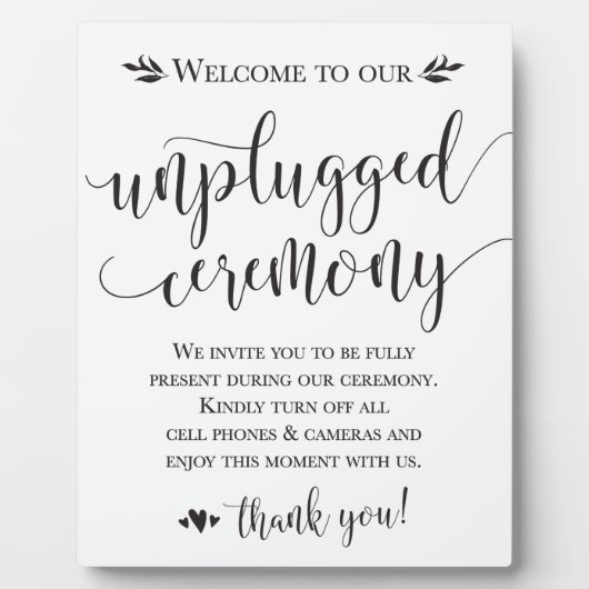 Unplugged Wedding Zeremony Sign Plaque 8x10 Fotoplatte (Vorderseite)