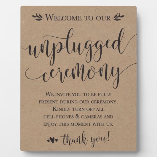 Unplugged Wedding Zeremony Sign Plaque 8x10 Fotoplatte (Vorderseite)