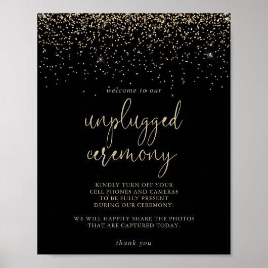 Unplugged Zeremony Gold Confetti Script Sign Poster (Vorne)
