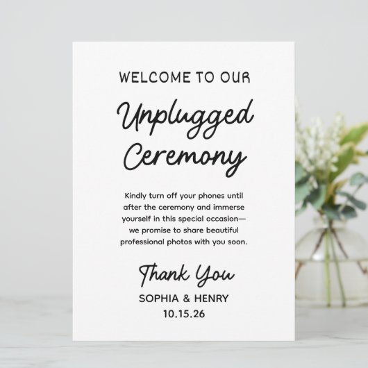 Unplugged Zeremony Simple Modern Chic Wedding Sign (Stehend Vorderseite)
