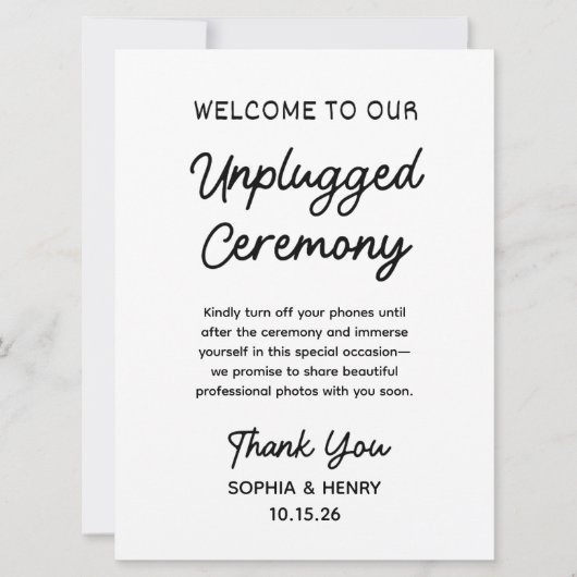 Unplugged Zeremony Simple Modern Chic Wedding Sign (Vorderseite)