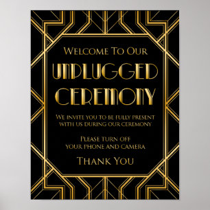 Unplugged Zeremony Wedding Sign   Gatsby Art Deco Poster