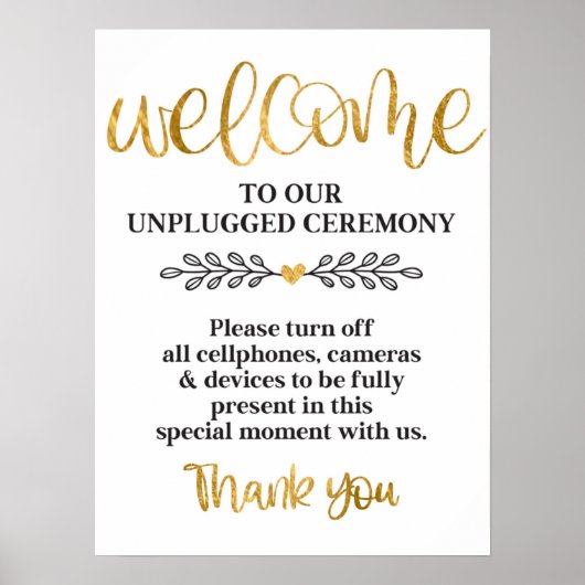 Unplugged Zeremony White Gold Calligraphy Wedding Poster (Vorne)
