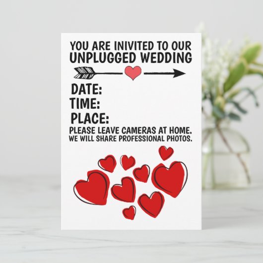 UNPLUGIERT (KEIN FOTO ZULÄSSIG) WEDEREINLAGEN EINLADUNG (Stehend Vorderseite)