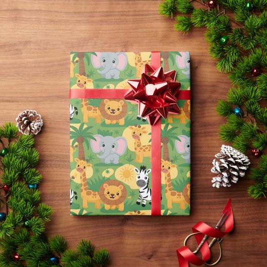 Unrolled gift wrap with a playful jungle theme  geschenkpapier