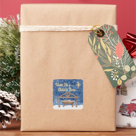 Uns ein Kind ist Geboren Weihnachtskrippe Quadratischer Aufkleber (Feiertag)