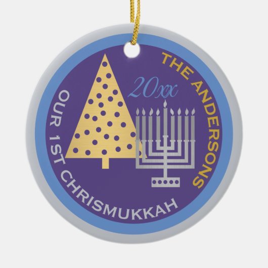 Unser 1. Chrismukka Foto Baum Menorah Keepake Keramik Ornament (Vorne)