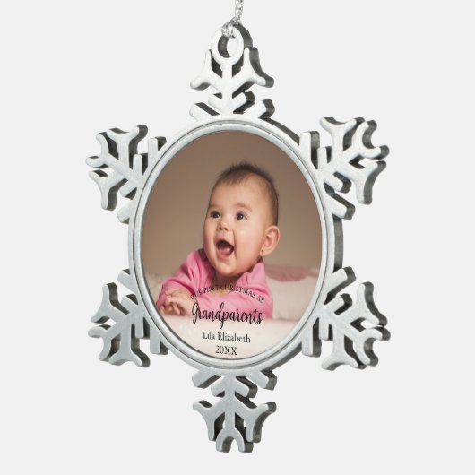Unser 1. Weihnachten als Grandeleltern Baby Foto Schneeflocken Zinn-Ornament (Rechts)