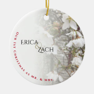 Unser 1. Weihnachten als Mr. und Mrs. White Floral Keramik Ornament