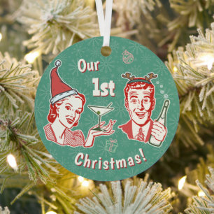 Unser 1. Weihnachten Retro-Mitte des Jahrhunderts Ornament Aus Metall