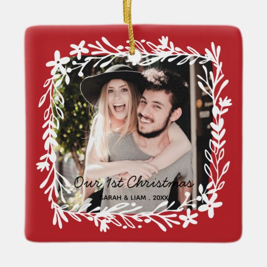 Unser 1. Weihnachtsbauernhaus Foto Keramikornament (Vorderseite)