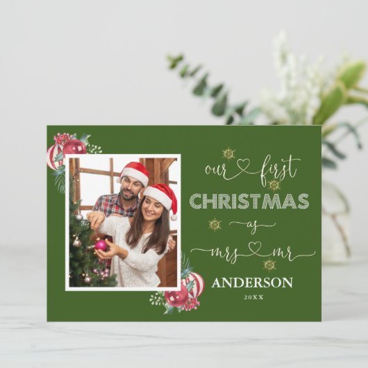 Unser 1. Weihnachtsfest als Mr. & Mrs. Calligraphy Einladung (Stehend Vorderseite)