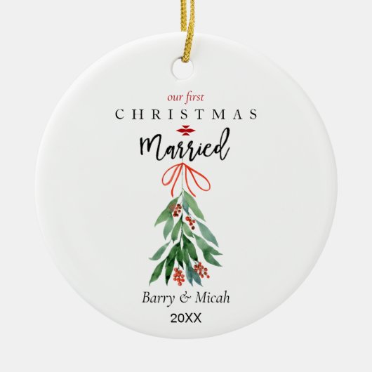 Unser 1. Weihnachtsfest Verheiratet Mistletoe Keramik Ornament (Vorne)