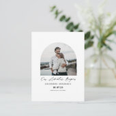 Unser Abenteuer beginnt, Arched Foto Save the Date Ankündigungspostkarte (Stehend Vorderseite)