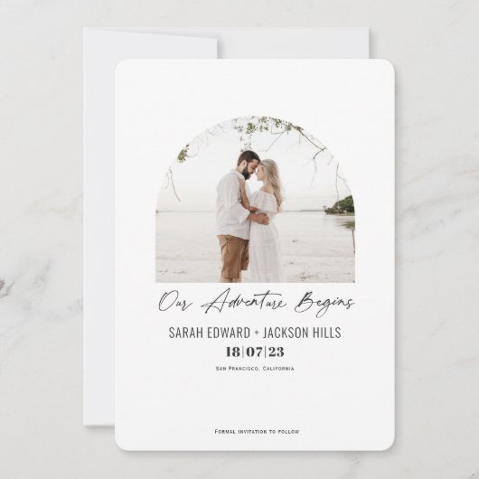 Unser Abenteuer beginnt, einfaches modernes Foto Save The Date (Vorderseite)