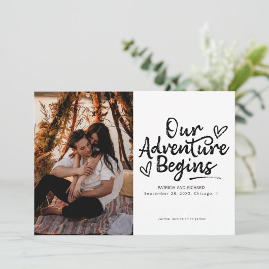 Unser Abenteuer beginnt Hochzeiten speichern das F Einladung (Stehend Vorderseite)