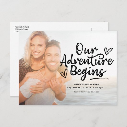 Unser Abenteuer beginnt Hochzeiten speichern das F Postkarte (Vorne/Hinten)