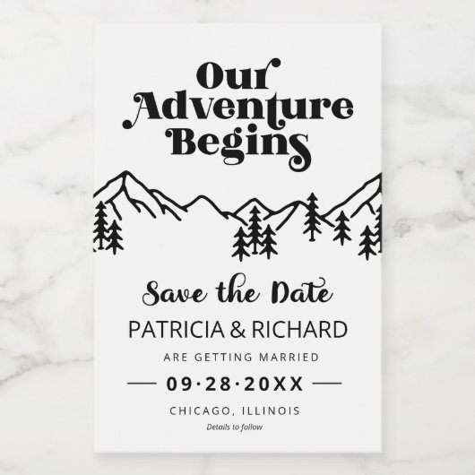 Unser Abenteuer beginnt im Freien Hochzeit retten Weinetikett (Einzelnes Label)