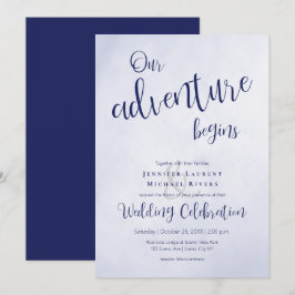 Unser Abenteuer beginnt mit der blauen typografisc Einladung