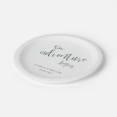 Unser Abenteuer beginnt mit einer aquamarinen Typo Pappteller (Schrägansicht)