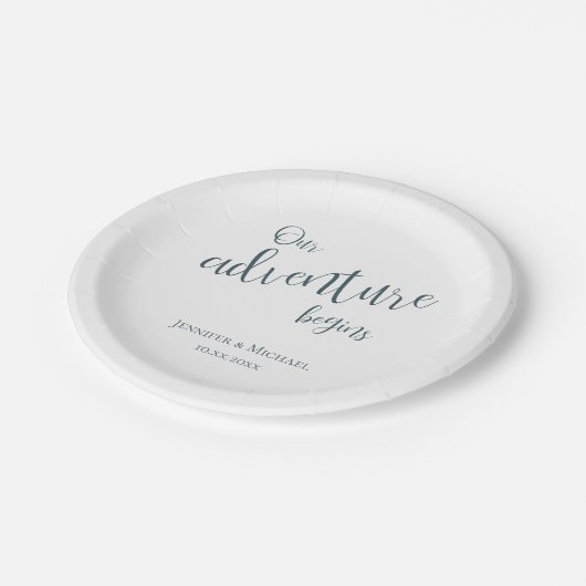 Unser Abenteuer beginnt mit einer aquamarinen Typo Pappteller (Schrägansicht)