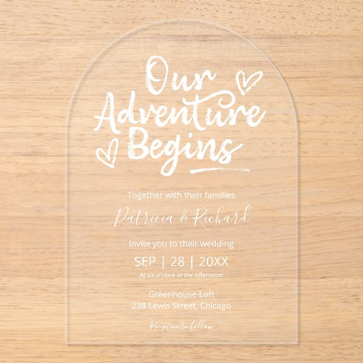 Unser Abenteuer beginnt mit einer rustikalen Hochz Acryleinladungen (Vorderseite)