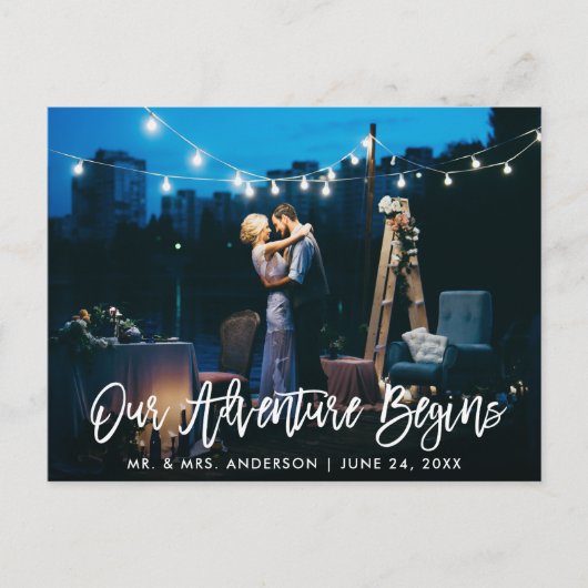 Unser Abenteuer beginnt mit Pinselschrift Hochzeit Postkarte (Vorderseite)