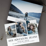 Unser Abenteuer beginnt | Multi-Foto Save the Date<br><div class="desc">Eine rustikale Save the Date Fotokarte für das Outdoorsy- und Abenteuerpaar, die für drei Ihrer Lieblings-Verlobung-Fotos entworfen wurde, die nebeneinander ausgerichtet sind, mit einem zusätzlichen, voll blutenden Foto auf der Rückseite. "Unser Abenteuer beginnt" erscheint in schwarz am unteren Ende, mit Ihren Namen, Hochzeitstermin und Hochzeitsort unten. Fügen Sie Ihre Hochzeitswebsite...</div>