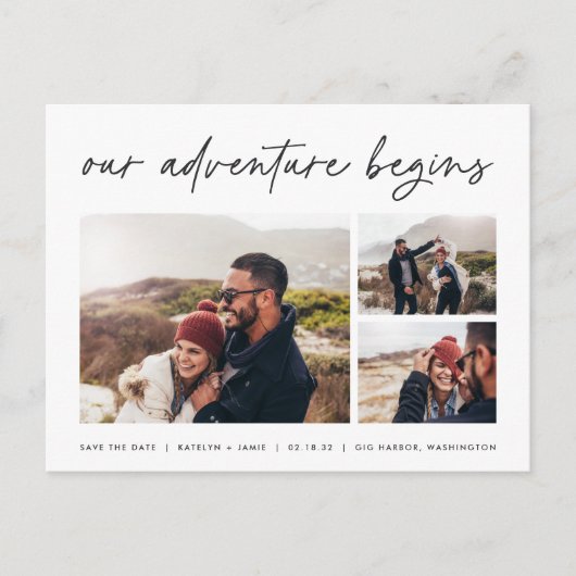 Unser Abenteuer beginnt | Multi-Foto Save the Date Ankündigungspostkarte (Vorderseite)