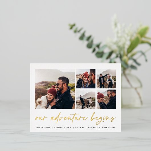 Unser Abenteuer beginnt | Multi-Foto Save the Date Folie Einladungspostkarte (Stehend vorne)