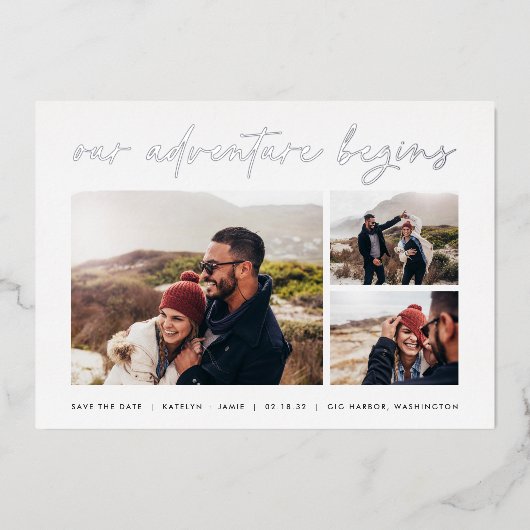 Unser Abenteuer beginnt | Multi-Foto Save the Date Folieneinladung (Vorderseite)