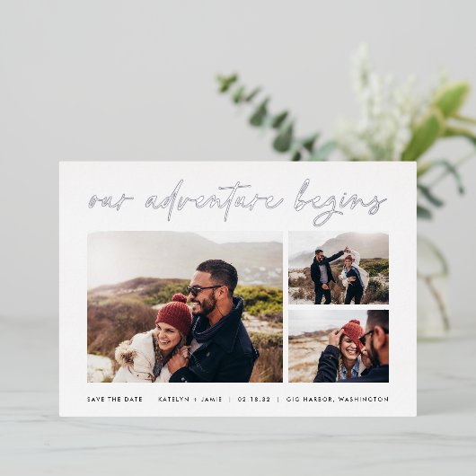 Unser Abenteuer beginnt | Multi-Foto Save the Date Folieneinladung (Stehend vorne)