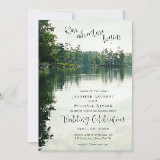 Unser Abenteuer beginnt rustikale Hochzeit am Seeu Einladung (Vorderseite)