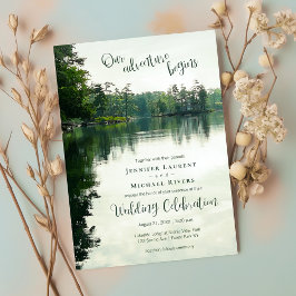 Unser Abenteuer beginnt rustikale Hochzeit am Seeu Einladung