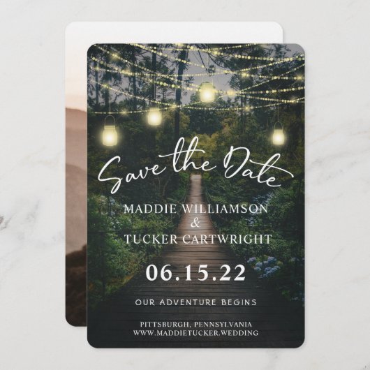 Unser Abenteuer beginnt | Rustikaler Wald Save the Einladung (Vorne/Hinten)