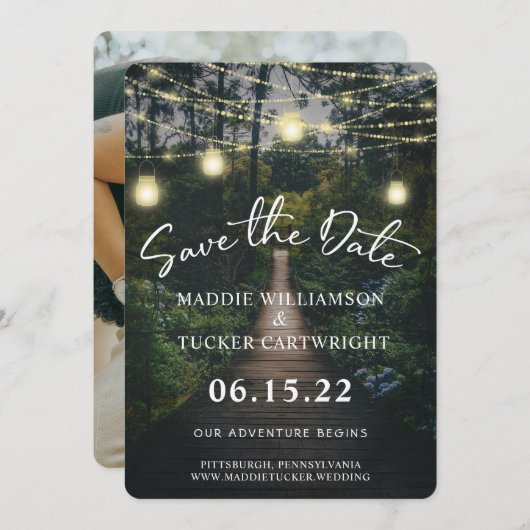 Unser Abenteuer beginnt | Rustikaler Wald Save the Einladung (Vorne/Hinten)