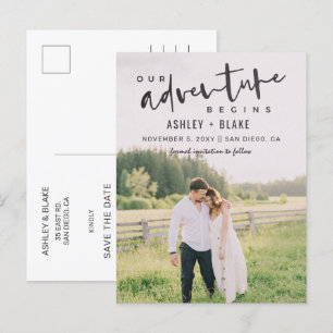 Unser Abenteuer beginnt Skript-Foto Save the Date Ankündigungspostkarte