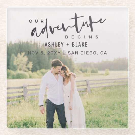 Unser Abenteuer beginnt Skript-Foto Save the Date Glasuntersetzer (Vorderseite)