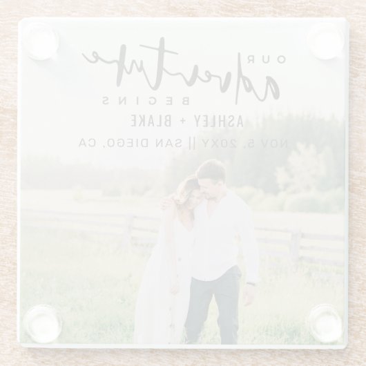 Unser Abenteuer beginnt Skript-Foto Save the Date Glasuntersetzer (Rückseite)