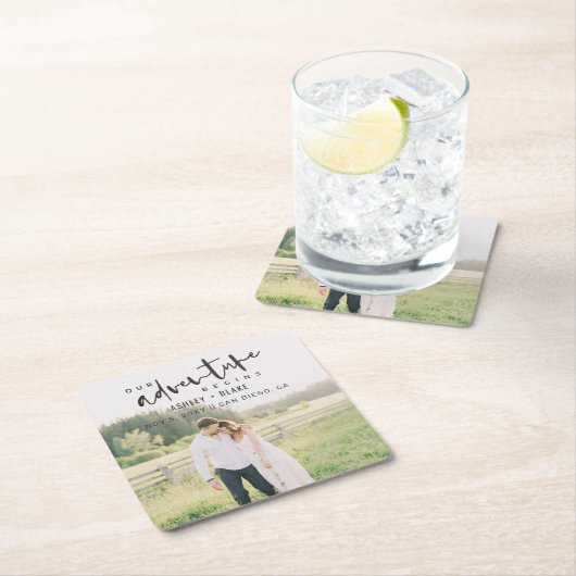 Unser Abenteuer beginnt Skript-Foto Save the Date Rechteckiger Pappuntersetzer (Vor Ort)