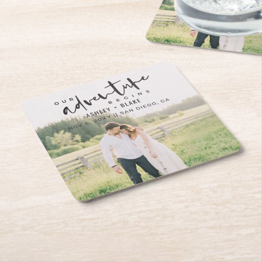 Unser Abenteuer beginnt Skript-Foto Save the Date Rechteckiger Pappuntersetzer (angewinkelt)