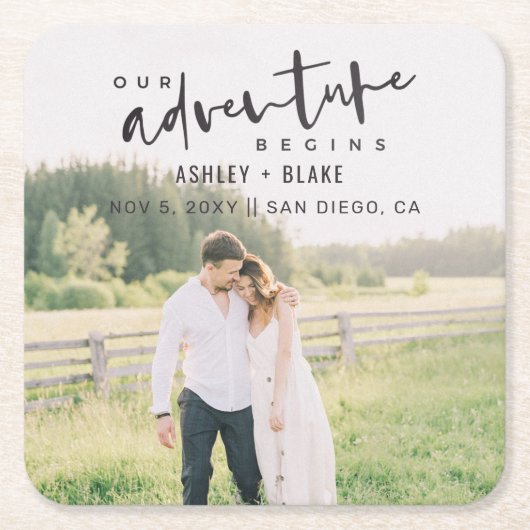 Unser Abenteuer beginnt Skript-Foto Save the Date Rechteckiger Pappuntersetzer (Vorderseite)