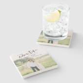 Unser Abenteuer beginnt Skript-Foto Save the Date Steinuntersetzer (Seitenansicht)