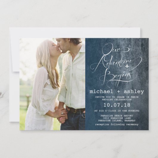 Unser Abenteuer fängt Wedding Einladung mit Foto (Vorderseite)